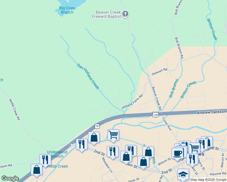 map of restaurants, bars, coffee shops, grocery stores, and more near 340 Dan Holland Road in Andrews