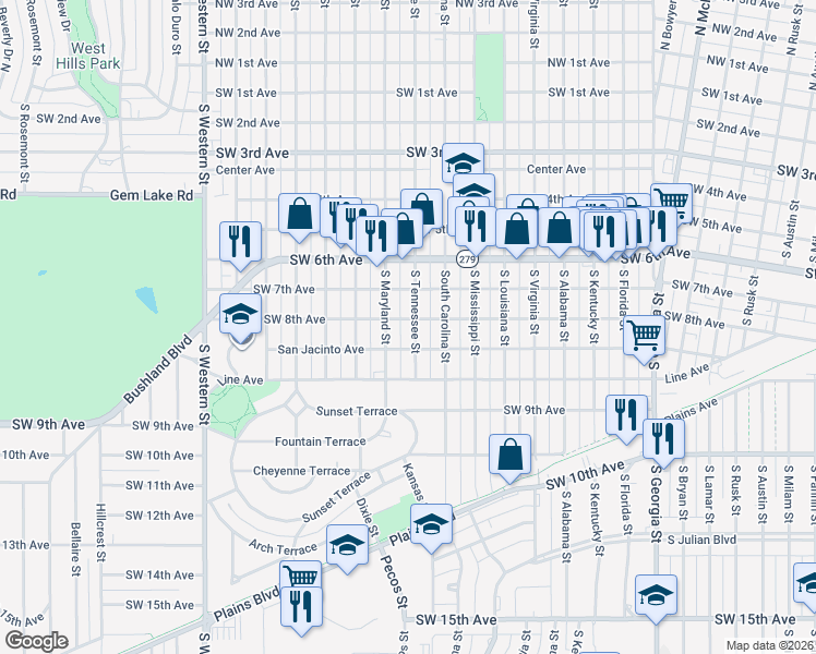 map of restaurants, bars, coffee shops, grocery stores, and more near 711 South Tennessee Street in Amarillo