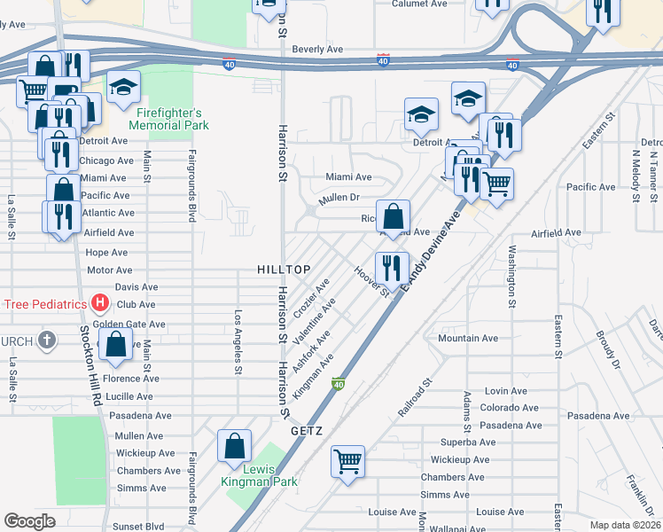 map of restaurants, bars, coffee shops, grocery stores, and more near 2540 Kemp Avenue in Kingman