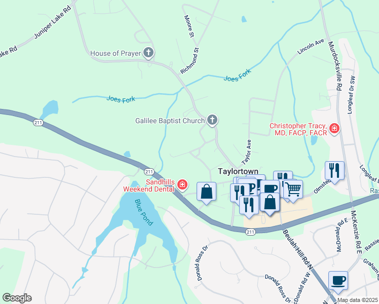 map of restaurants, bars, coffee shops, grocery stores, and more near Tom McIntosh Street in Taylortown