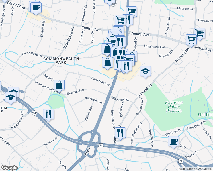 map of restaurants, bars, coffee shops, grocery stores, and more near 1544 Pinecrest Avenue in Charlotte