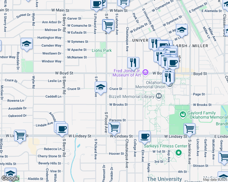 map of restaurants, bars, coffee shops, grocery stores, and more near 648 South Lahoma Avenue in Norman