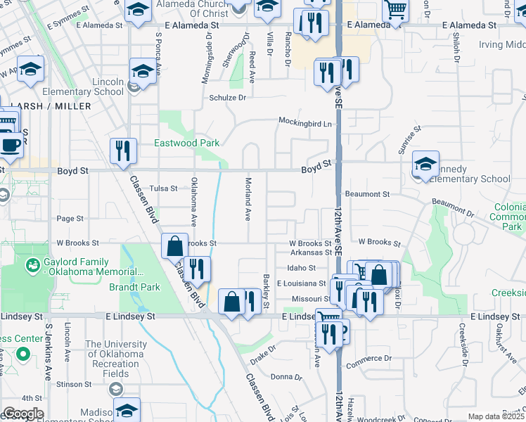 map of restaurants, bars, coffee shops, grocery stores, and more near 1502 Barkley Street in Norman