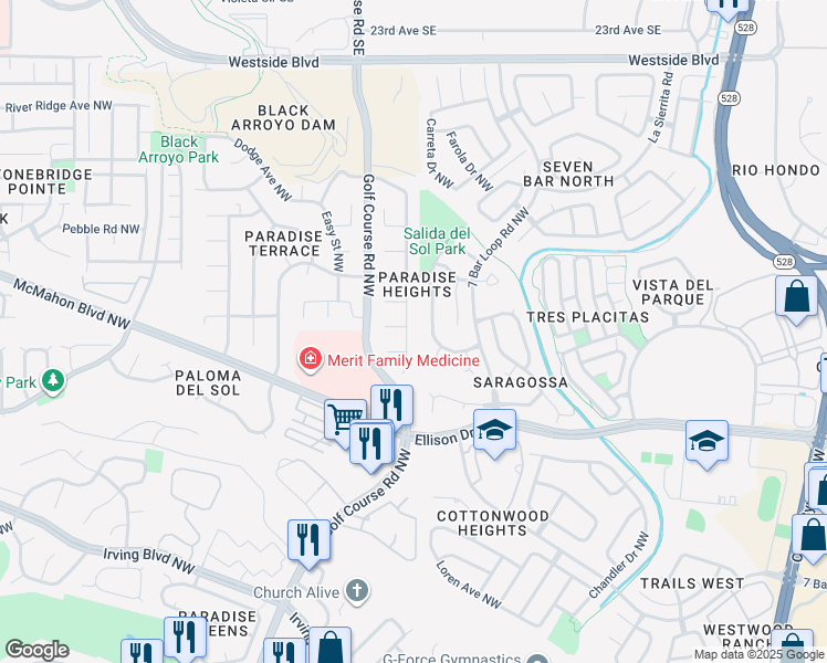 map of restaurants, bars, coffee shops, grocery stores, and more near 4501 Topaz Avenue Northwest in Albuquerque