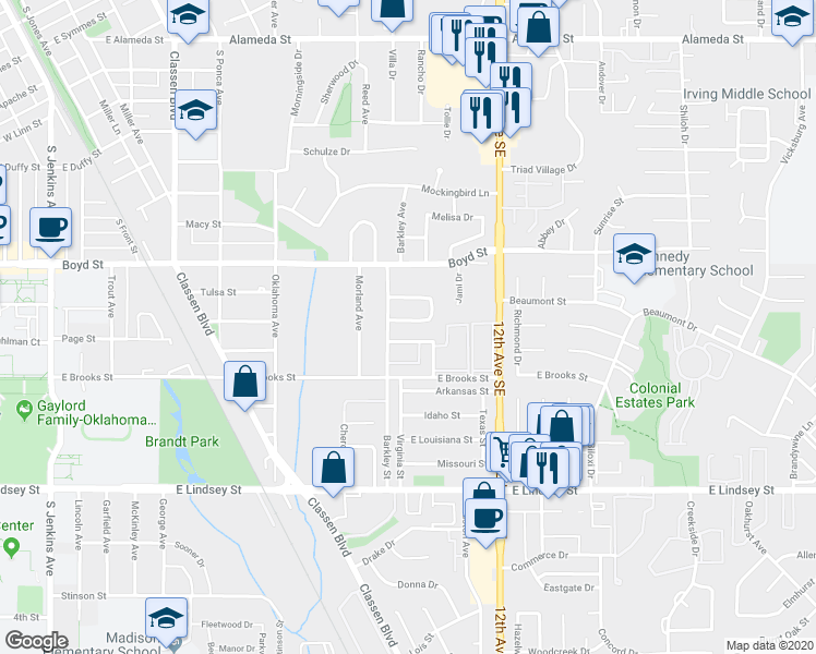 map of restaurants, bars, coffee shops, grocery stores, and more near 985 Barkley Circle in Norman