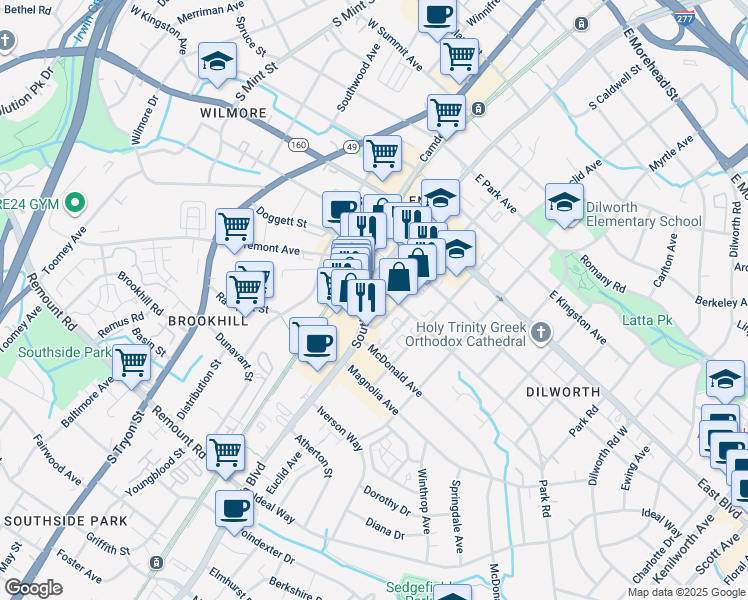 map of restaurants, bars, coffee shops, grocery stores, and more near 217 East Tremont Avenue in Charlotte