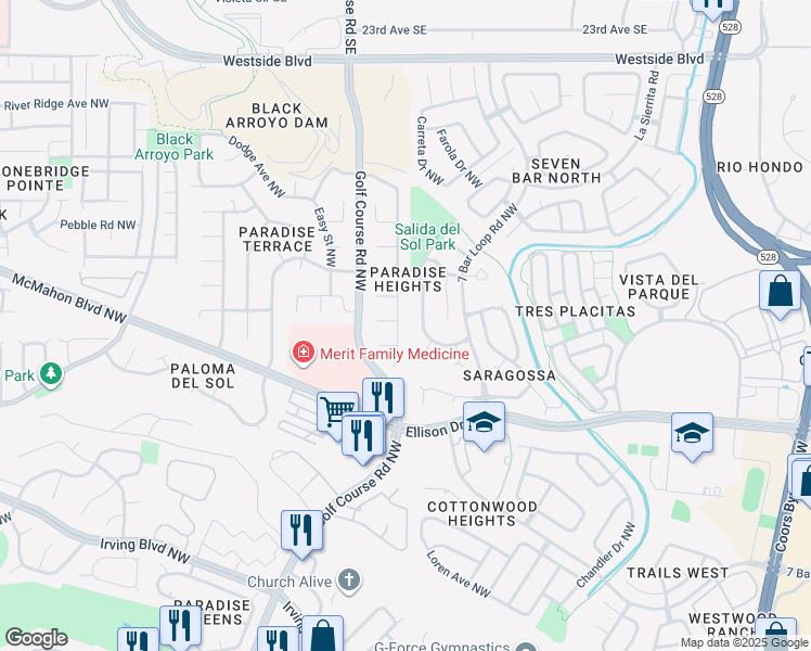 map of restaurants, bars, coffee shops, grocery stores, and more near 4501 Topaz Avenue Northwest in Albuquerque