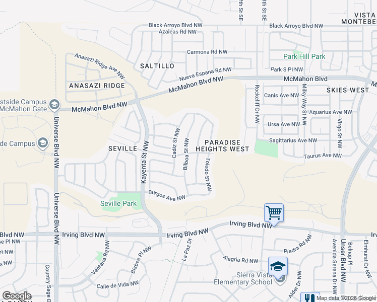 map of restaurants, bars, coffee shops, grocery stores, and more near 10509 Pamplona Street Northwest in Albuquerque