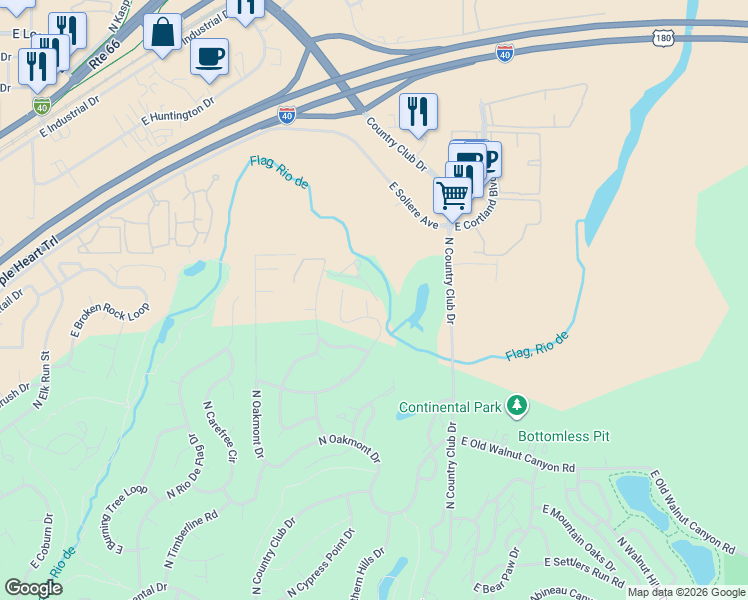 map of restaurants, bars, coffee shops, grocery stores, and more near 3194 North Riviera Way in Flagstaff