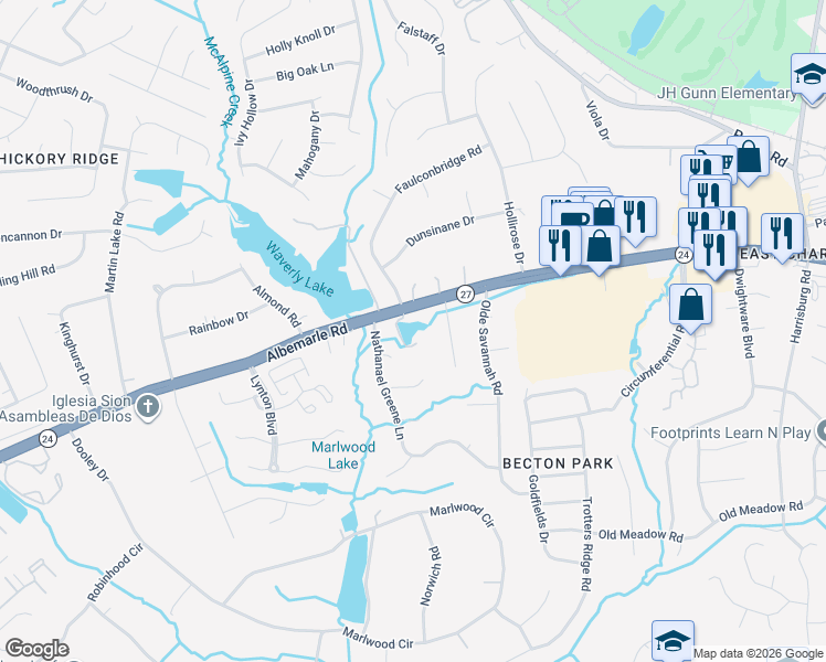 map of restaurants, bars, coffee shops, grocery stores, and more near 8410 Albemarle Road in Charlotte