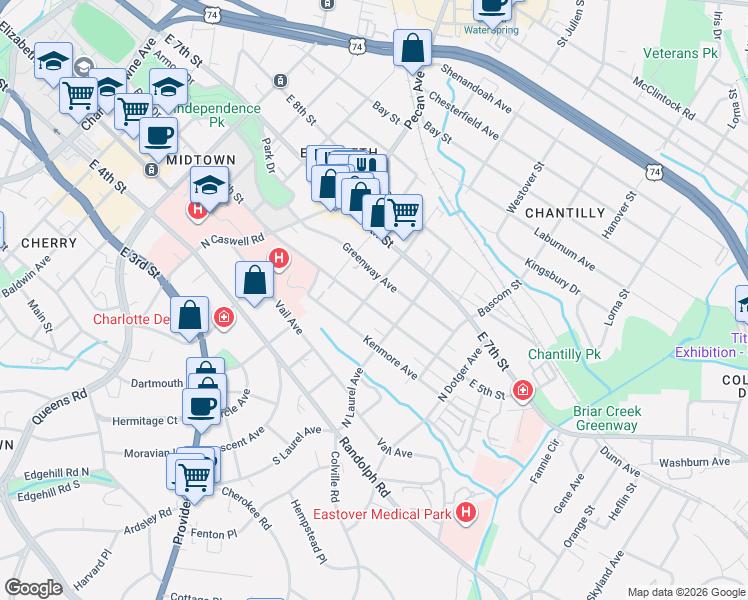 map of restaurants, bars, coffee shops, grocery stores, and more near 315 Ridgeway Avenue in Charlotte