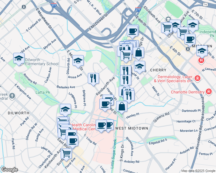 map of restaurants, bars, coffee shops, grocery stores, and more near 801 Kenilworth Avenue in Charlotte