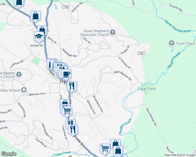 map of restaurants, bars, coffee shops, grocery stores, and more near 69 Woodland Road in Tryon