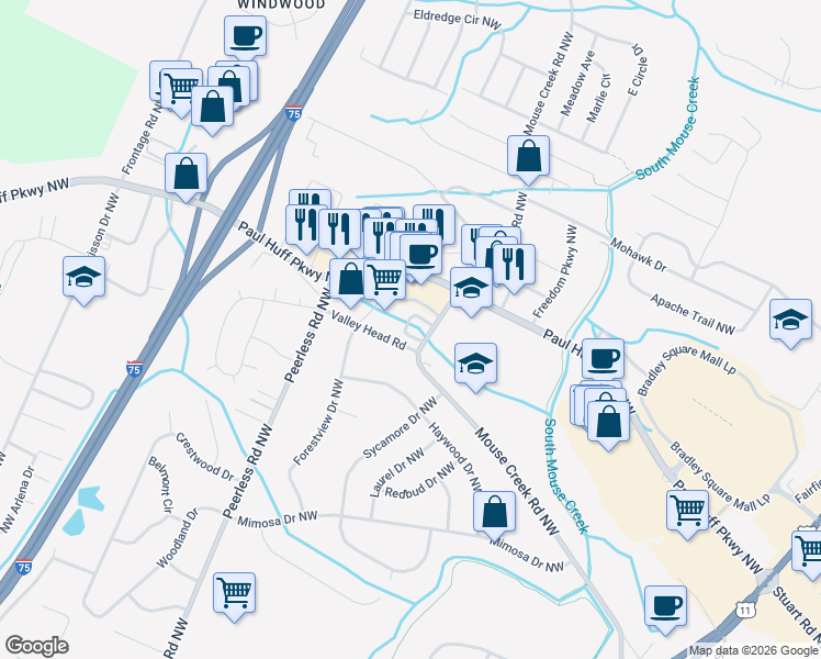 map of restaurants, bars, coffee shops, grocery stores, and more near 24 Stratford Circle Northwest in Cleveland