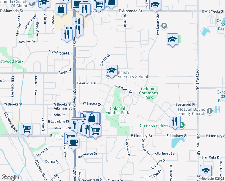 map of restaurants, bars, coffee shops, grocery stores, and more near 1617 Beaumont Drive in Norman