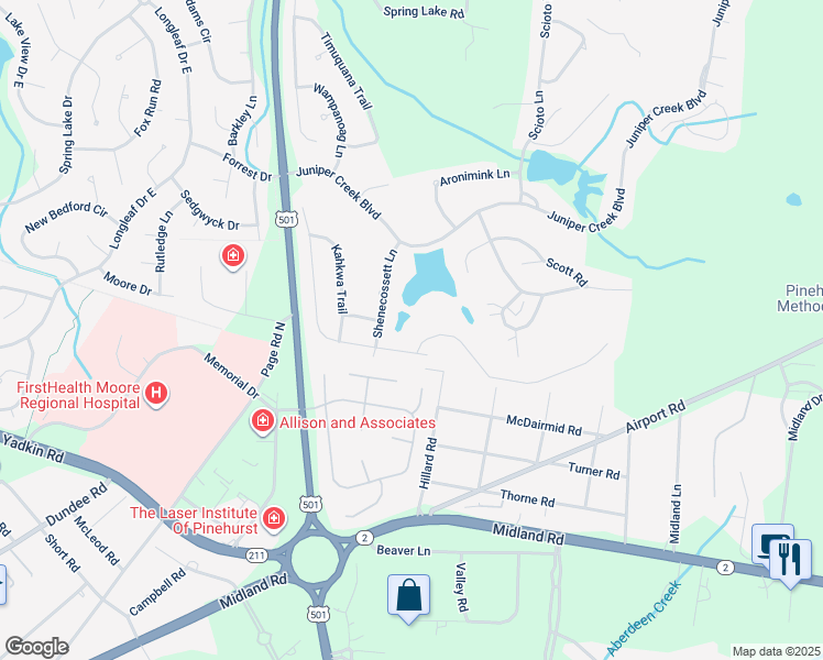 map of restaurants, bars, coffee shops, grocery stores, and more near 110 Sakonnet Trail in Pinehurst
