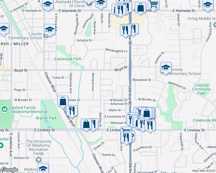 map of restaurants, bars, coffee shops, grocery stores, and more near 977 Barkley Circle in Norman