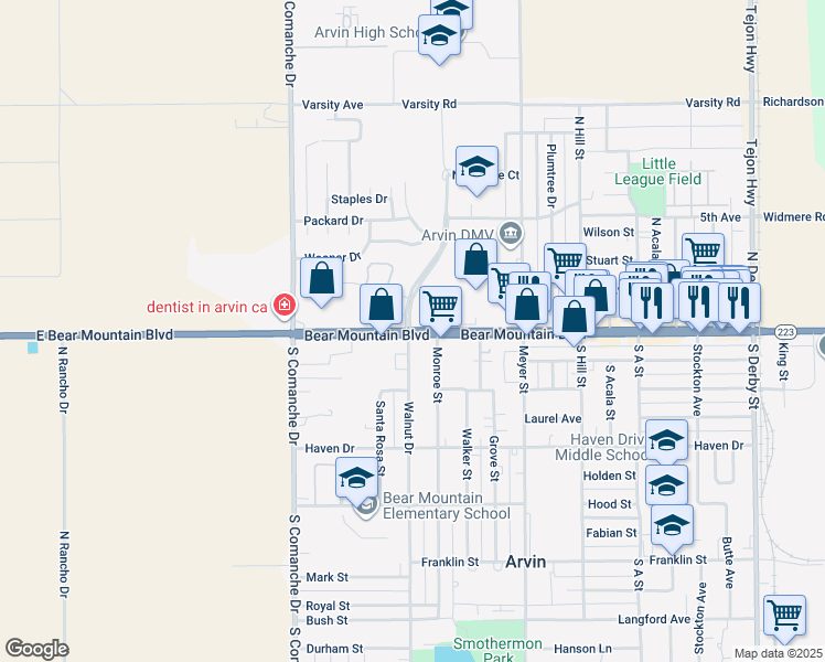 map of restaurants, bars, coffee shops, grocery stores, and more near 1190 Bear Mountain Boulevard in Arvin