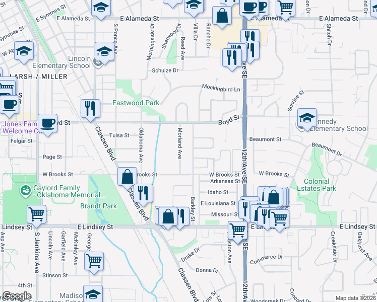 map of restaurants, bars, coffee shops, grocery stores, and more near 996 Barkley Circle in Norman