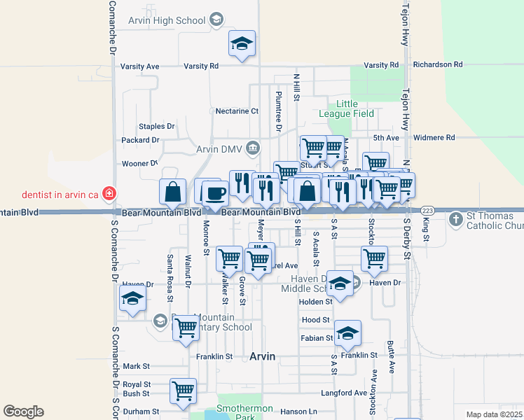 map of restaurants, bars, coffee shops, grocery stores, and more near 352 Bear Mountain Boulevard in Arvin