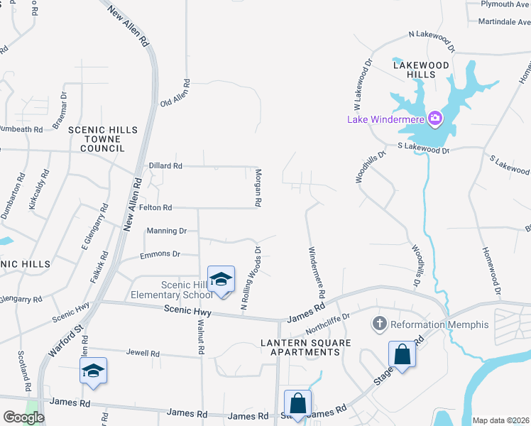 map of restaurants, bars, coffee shops, grocery stores, and more near 3110 Morgan Road in Memphis