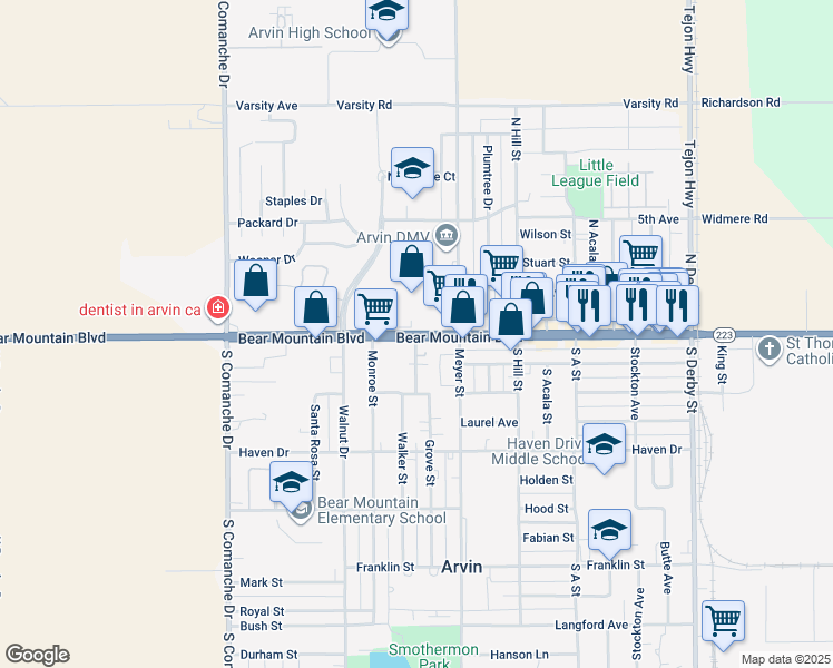 map of restaurants, bars, coffee shops, grocery stores, and more near 942 Bear Mountain Boulevard in Arvin