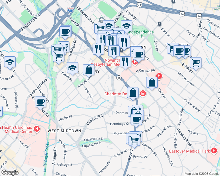 map of restaurants, bars, coffee shops, grocery stores, and more near 318 Queens Road in Charlotte