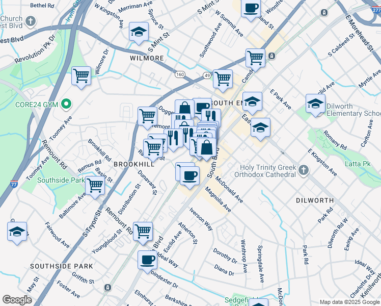 map of restaurants, bars, coffee shops, grocery stores, and more near 2127 Hawkins Street in Charlotte