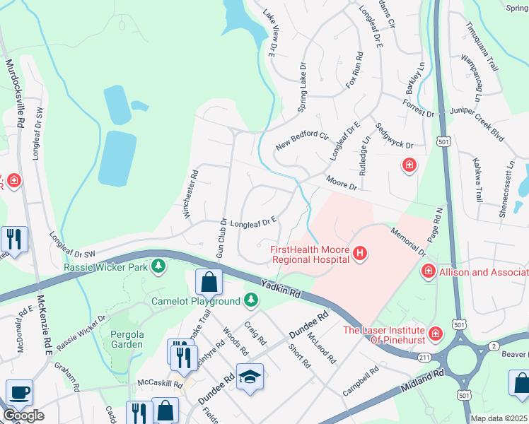 map of restaurants, bars, coffee shops, grocery stores, and more near 5 Danville Lane in Pinehurst