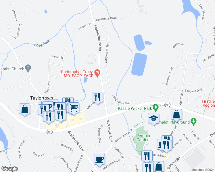 map of restaurants, bars, coffee shops, grocery stores, and more near 2435 Longleaf Drive Southwest in Pinehurst