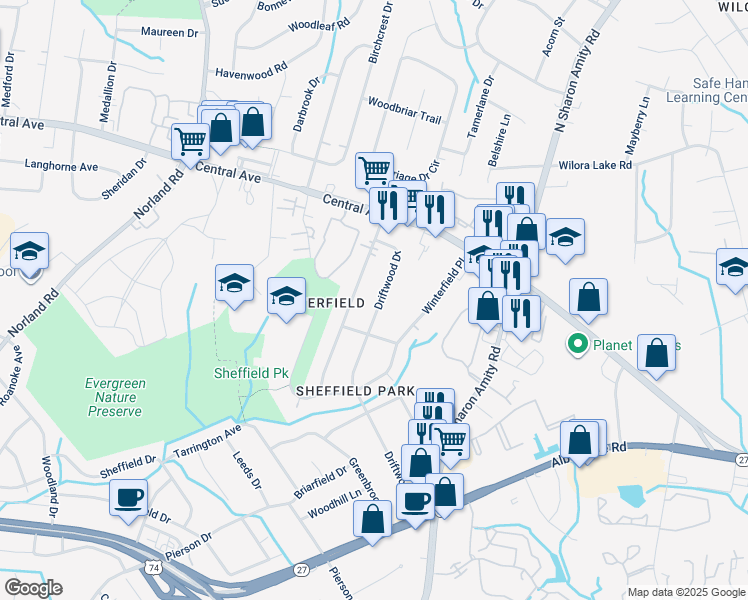 map of restaurants, bars, coffee shops, grocery stores, and more near 3631 Driftwood Drive in Charlotte