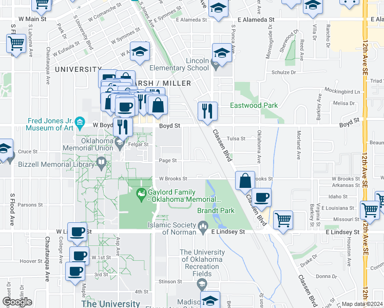 map of restaurants, bars, coffee shops, grocery stores, and more near 405 Page Circle in Norman