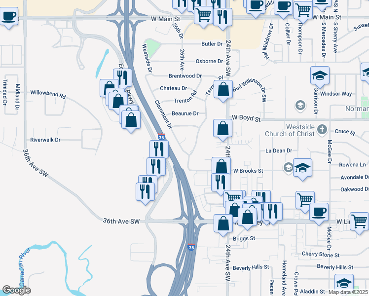 map of restaurants, bars, coffee shops, grocery stores, and more near 2616 Scott Drive in Norman