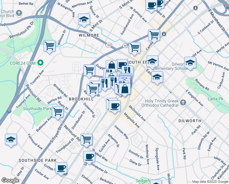 map of restaurants, bars, coffee shops, grocery stores, and more near 2151 Hawkins Street in Charlotte