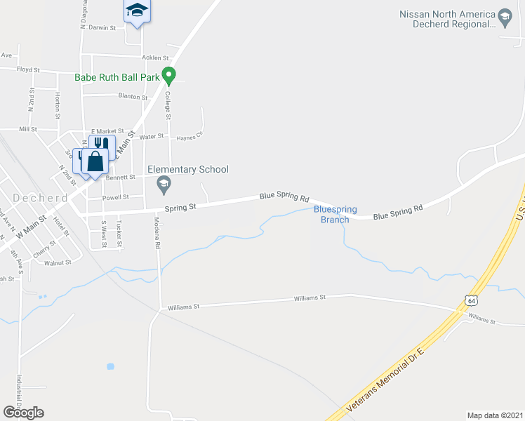 map of restaurants, bars, coffee shops, grocery stores, and more near 672 Spring Street in Decherd