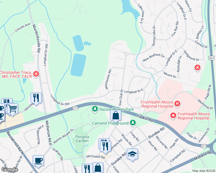 map of restaurants, bars, coffee shops, grocery stores, and more near 50 Winchester Road in Pinehurst