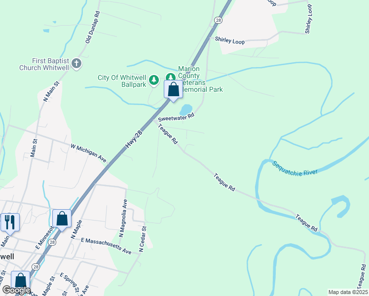 map of restaurants, bars, coffee shops, grocery stores, and more near 1710 Teague Road in Whitwell