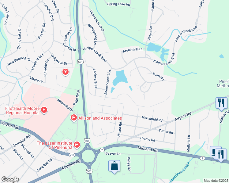 map of restaurants, bars, coffee shops, grocery stores, and more near 110 Sakonnet Trail in Pinehurst