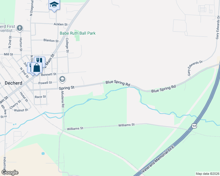 map of restaurants, bars, coffee shops, grocery stores, and more near 672 Spring Street in Decherd