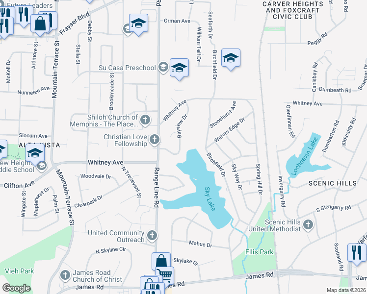 map of restaurants, bars, coffee shops, grocery stores, and more near 3084 Bayview Drive in Memphis