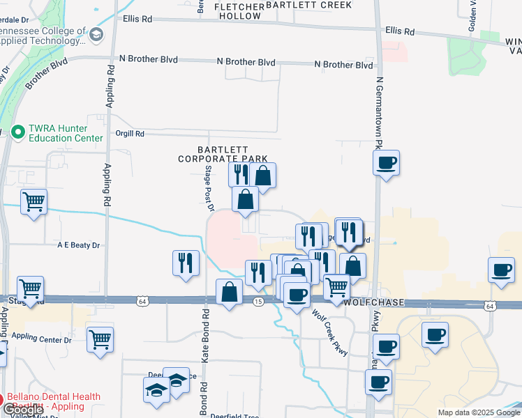 map of restaurants, bars, coffee shops, grocery stores, and more near in Bartlett