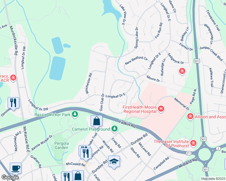 map of restaurants, bars, coffee shops, grocery stores, and more near 250 Wheeling Drive in Pinehurst