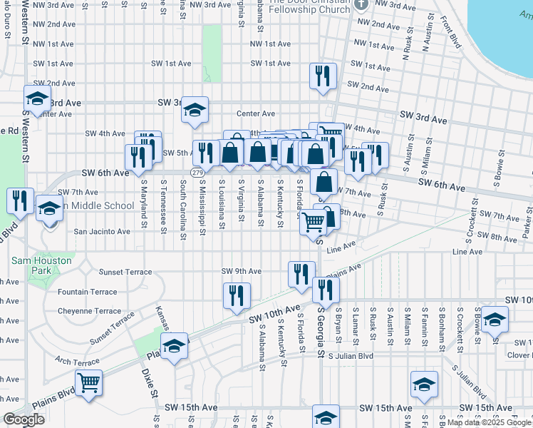 map of restaurants, bars, coffee shops, grocery stores, and more near 801 South Alabama Street in Amarillo