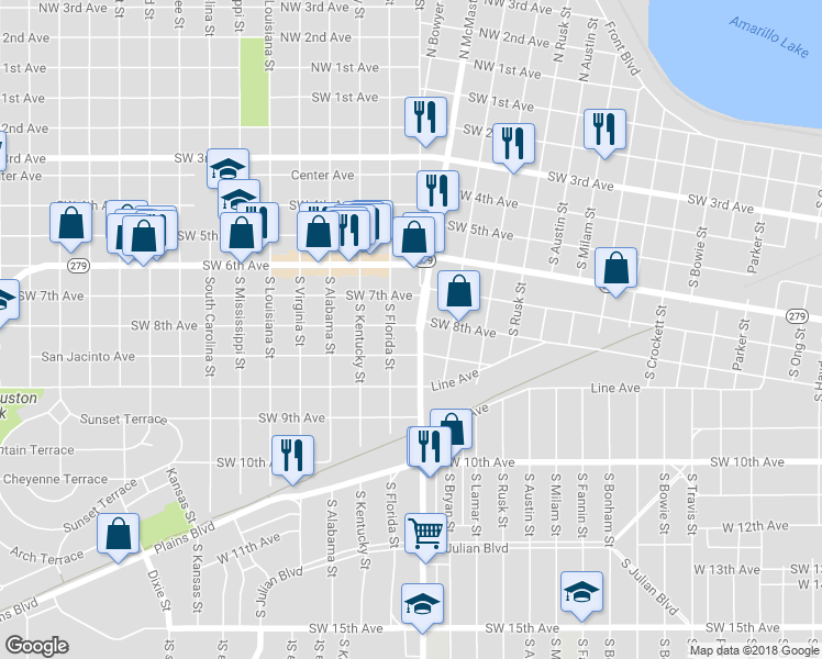 map of restaurants, bars, coffee shops, grocery stores, and more near 800 South Georgia Street in Amarillo
