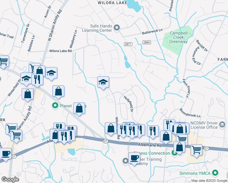 map of restaurants, bars, coffee shops, grocery stores, and more near 6109 Wilora Lake Road in Charlotte