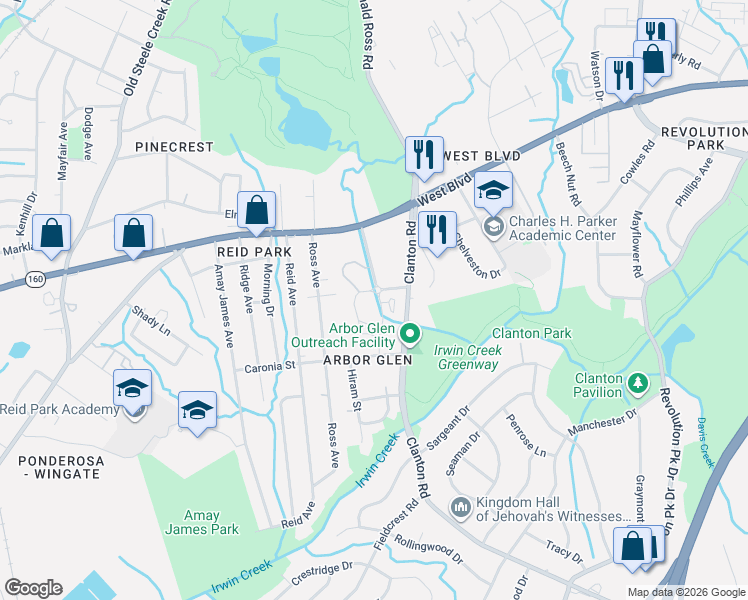 map of restaurants, bars, coffee shops, grocery stores, and more near 2305 Farmer Street in Charlotte