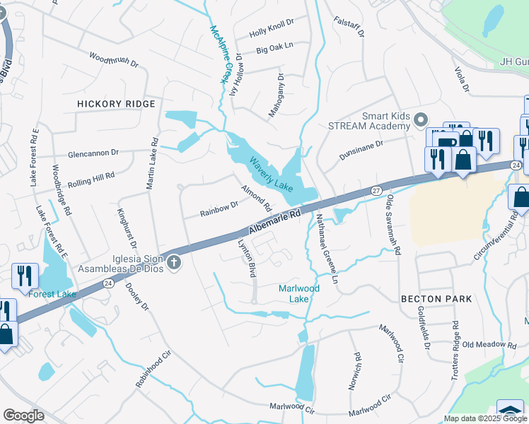 map of restaurants, bars, coffee shops, grocery stores, and more near 8033 Albemarle Road in Charlotte