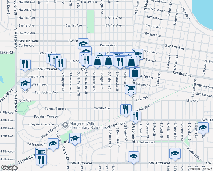 map of restaurants, bars, coffee shops, grocery stores, and more near 711 South Virginia Street in Amarillo