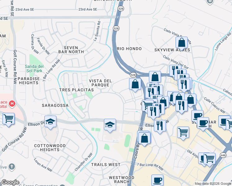 map of restaurants, bars, coffee shops, grocery stores, and more near 10200 Coors Bypass Northwest in Albuquerque