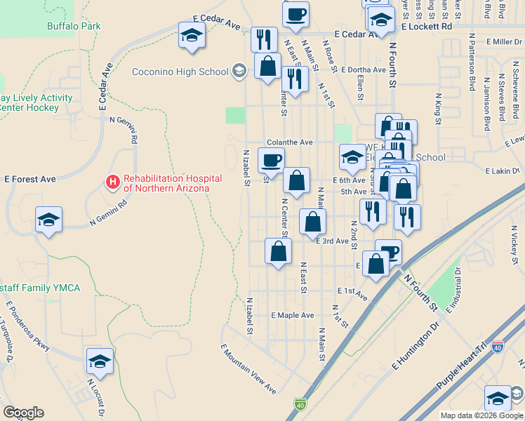 map of restaurants, bars, coffee shops, grocery stores, and more near 2114 North West Street in Flagstaff